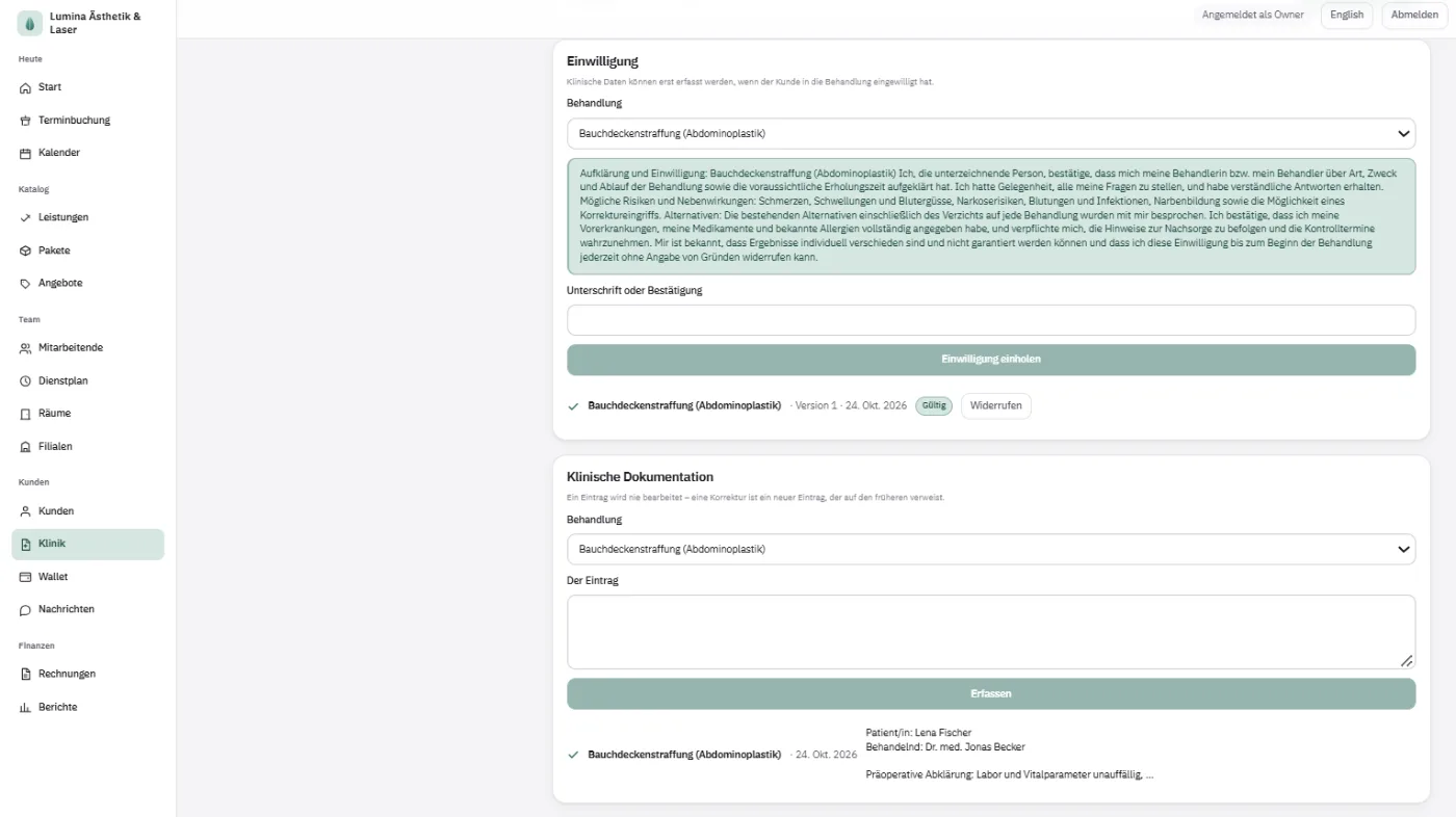 Medizinische Hinweise oben in der Patientenakte — eine Latexallergie und ein Blutverdünner — jeweils mit Datum und als nicht mehr zutreffend markierbar