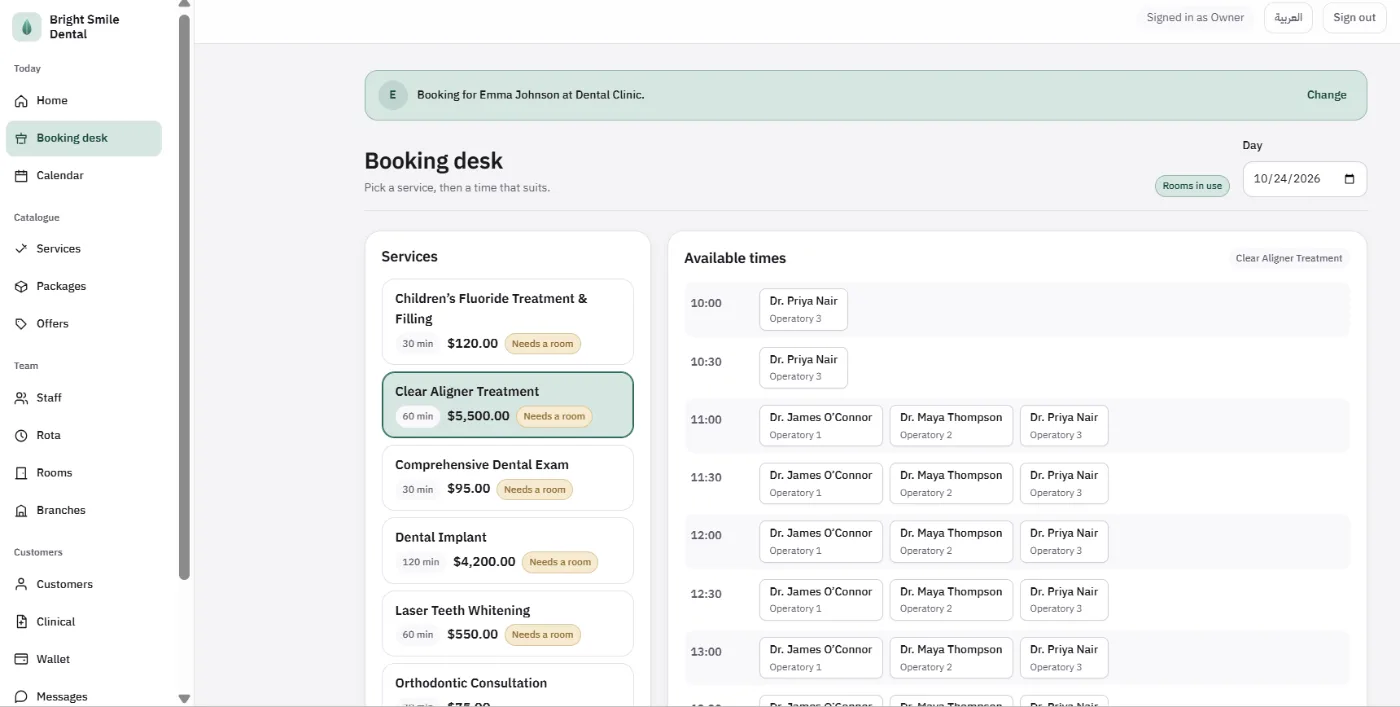 Booking desk showing every free slot for a treatment, each naming the dentist and the operatory available at that time