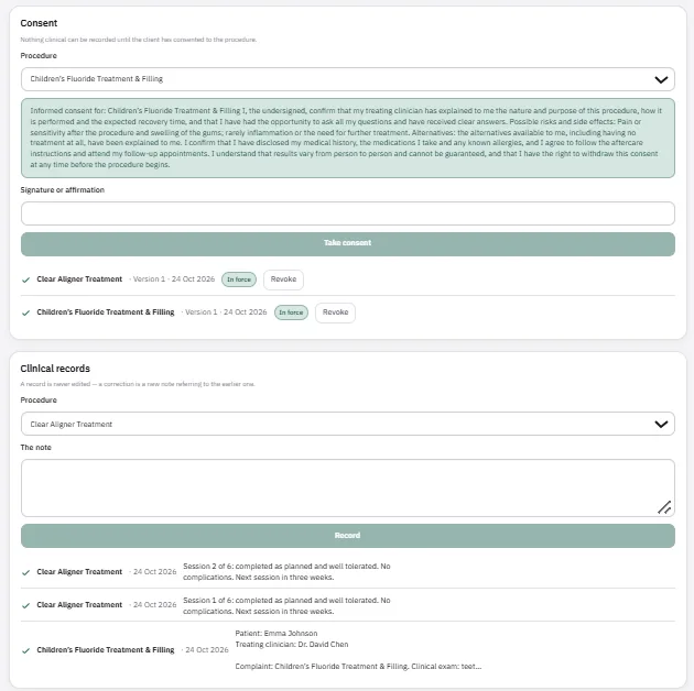 Consent for a treatment, marked in force and revocable, above clinical records stating that a record is never edited — a correction is a new note referring to the earlier one