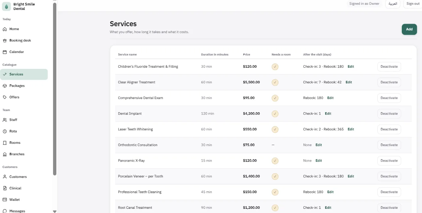 Treatments table with duration, price in dollars, whether a room is needed, and a check-in and rebook window in days