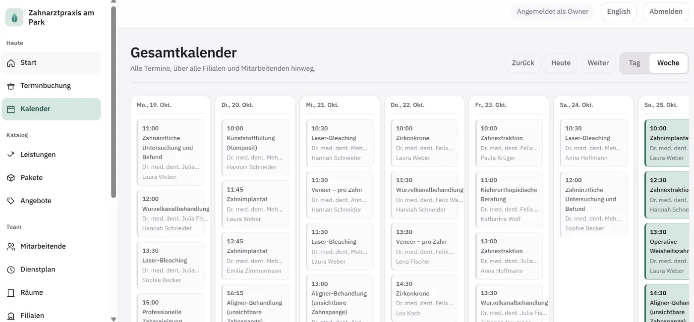 Gesamtkalender über alle Filialen und Behandelnden, mit Behandlung, Zahnarzt und Patientin je Termin