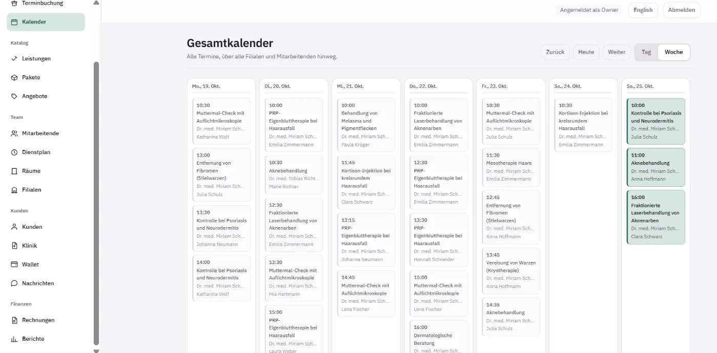 Gesamtkalender über alle Filialen und Mitarbeitenden, jeder Termin mit Behandlung, Behandler und Patientin
