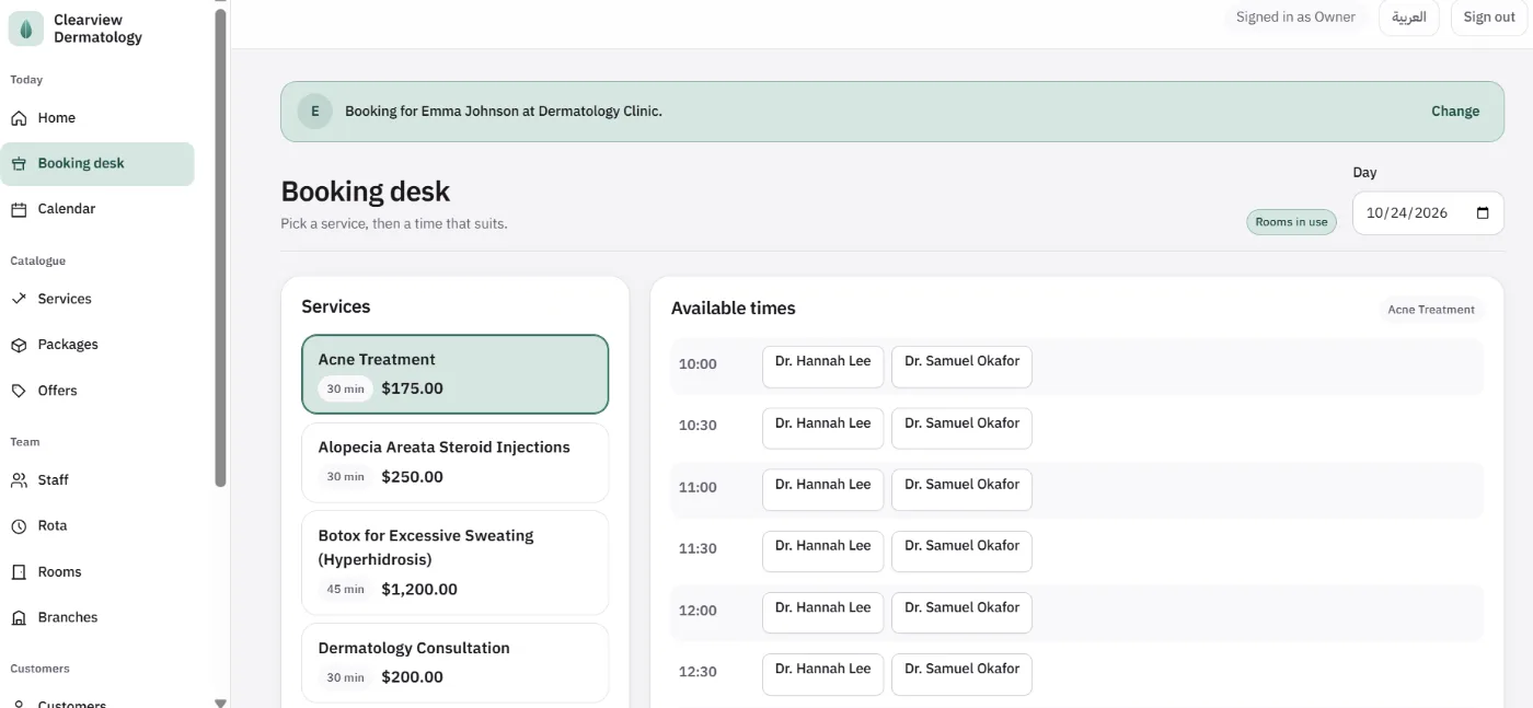 Booking desk listing each procedure with its duration and price in dollars, beside the free times for the chosen procedure, each naming the dermatologists available then