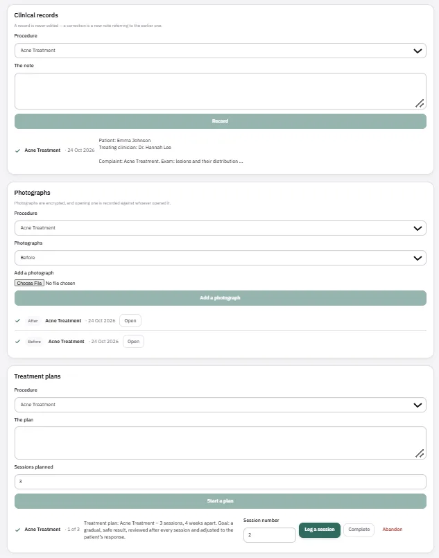 Clinical records stating that a record is never edited, encrypted photographs tagged before and after with every opening logged, and a three-session treatment plan