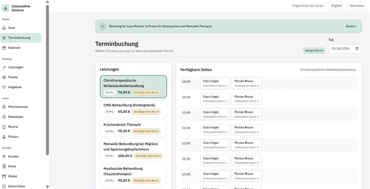 Terminbuchung, in der jede Leistung einen Raum benötigt und jede freie Zeit den Behandler zusammen mit dem freien Osteopathie-Raum nennt