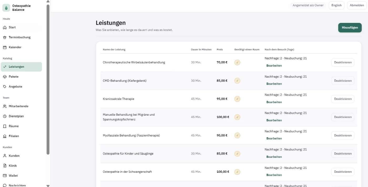 Leistungstabelle mit Dauer, Preis in Euro, Raumbedarf und Nachfassfenster in Tagen: chirotherapeutische Wirbelsäulenbehandlung, CMD-Behandlung, kraniosakrale Therapie, Osteopathie in der Schwangerschaft