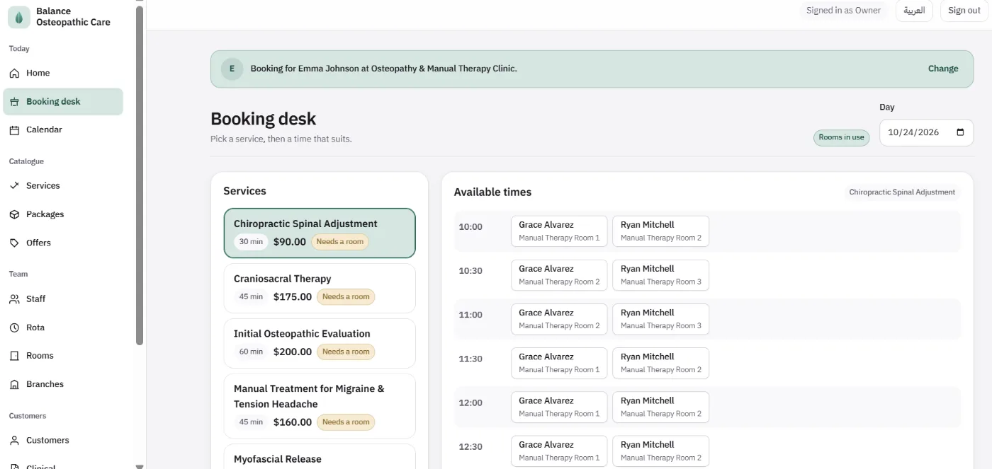 Booking desk where every service needs a room and each available time names the practitioner together with the manual therapy room free at that hour