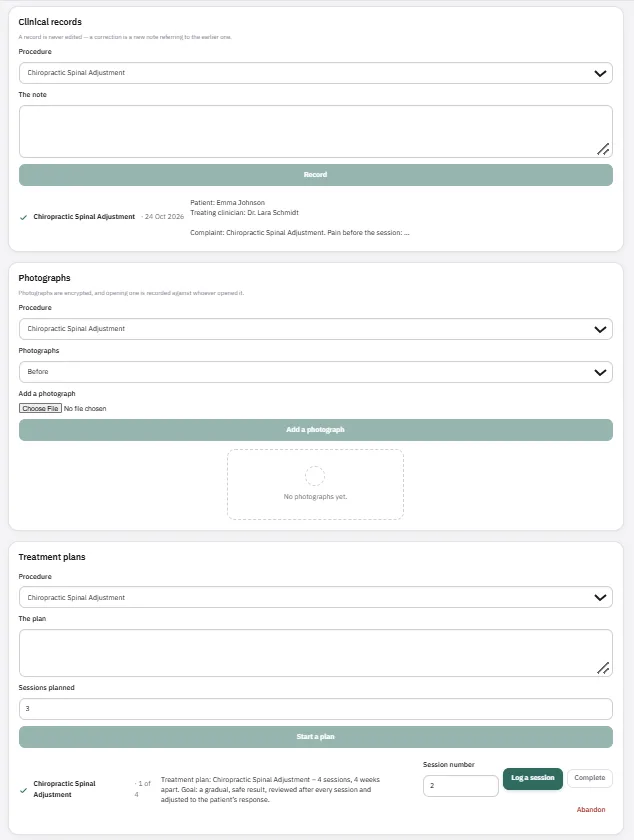 Clinical records stating that an entry is never edited, encrypted photographs with every opening logged, and a four-session treatment plan showing session one of four