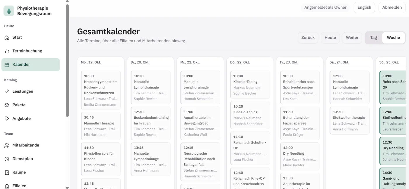 Wochenkalender über alle Filialen und Mitarbeitenden, jeder Termin mit Behandlung, Behandler, Raum und Patientin