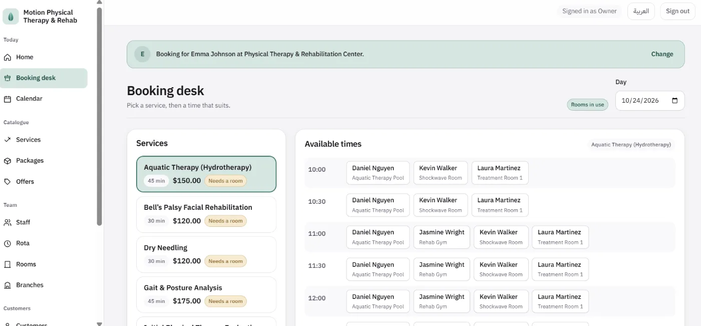 Booking desk for aquatic therapy, where each available time names the therapist together with the resource free at that hour — the Aquatic Therapy Pool, the Shockwave Room, the Rehab Gym or Treatment Room 1