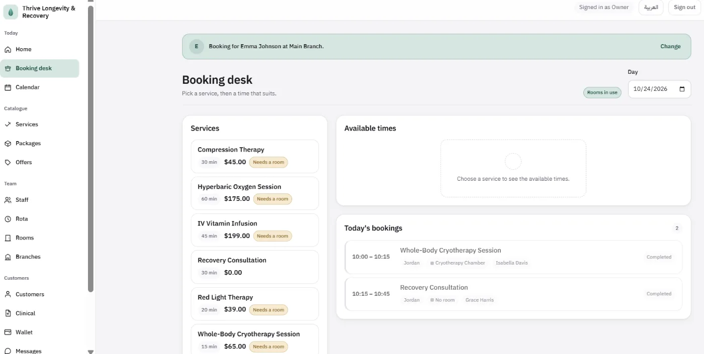 Booking desk where every service is marked as needing a room, and today's bookings name the Cryotherapy Chamber as the resource reserved, with the staff member beside it