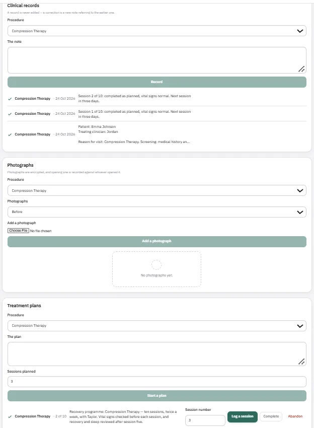 Clinical records stating that an entry is never edited, encrypted photographs with every opening logged, and a ten-session recovery programme showing session two of ten
