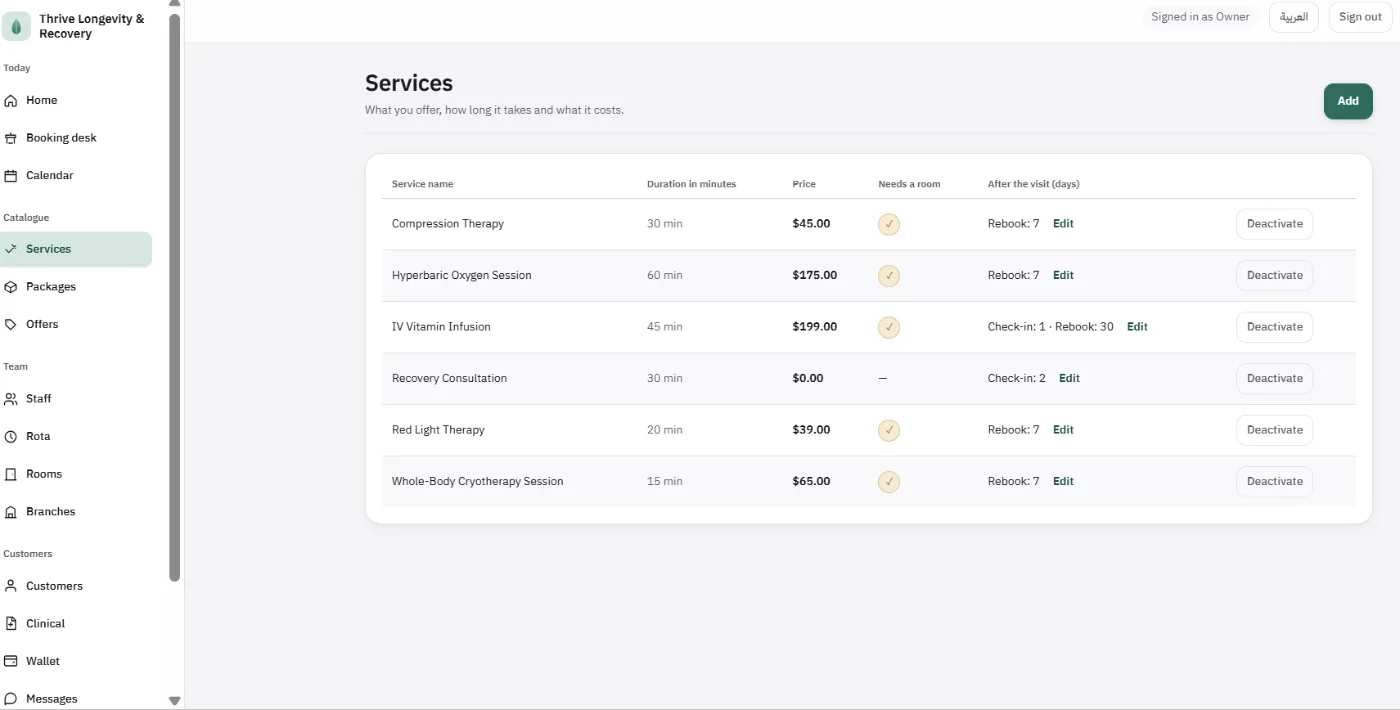 Services table with duration, price in dollars, whether a room is needed, and a check-in or rebook window in days after the visit